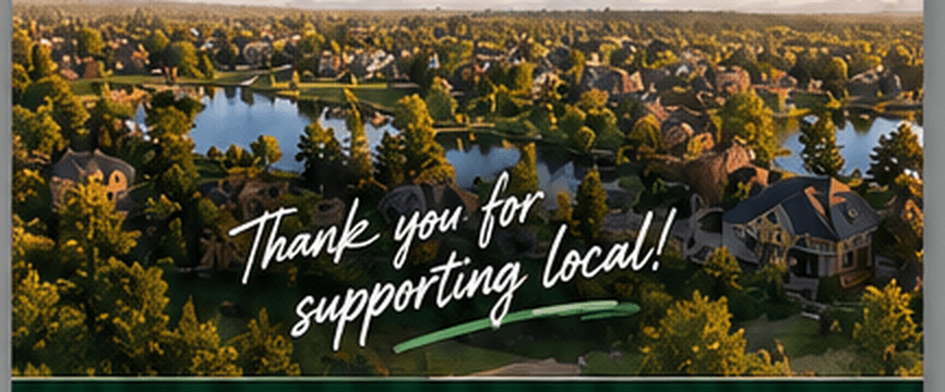Aerial view of a local neighbourhood, captioned: Thank you for supporting local!